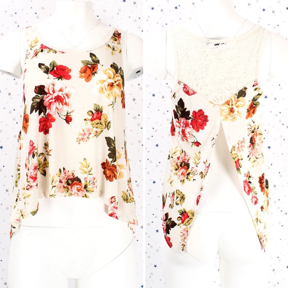 Floral Tank Top Lace Open Back Cream Ivory
